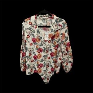 Kaktus Top Womens Extra Large Red Floral Balloon Sleeve Button Up Linen Viscose